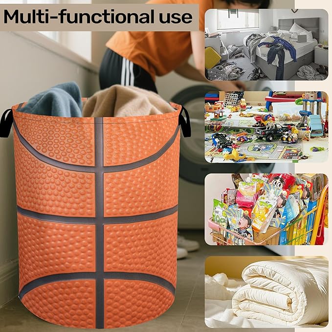 Basketball Laundry Basket with Handles - Extra Large Foldable Hamper for Bathroom/Laundry/Bedroom/Dorm, Washable Fabric Storage Bin