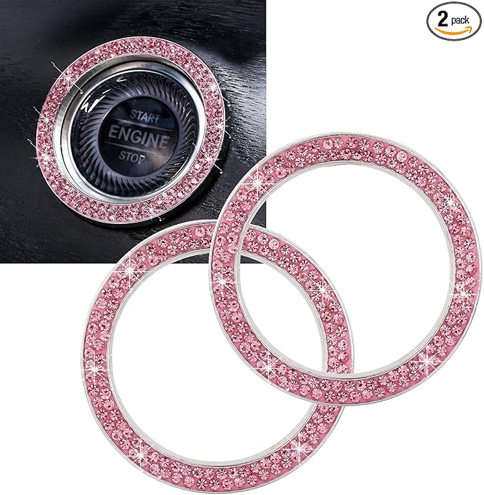 ToBeQueen Crystal Rhinestone Ring for Car Bling Decal for Vehicle 2Pcs Auto Engine Start Stop Decoration for Women Girl,Interior Ring Push to Start Bling Pink