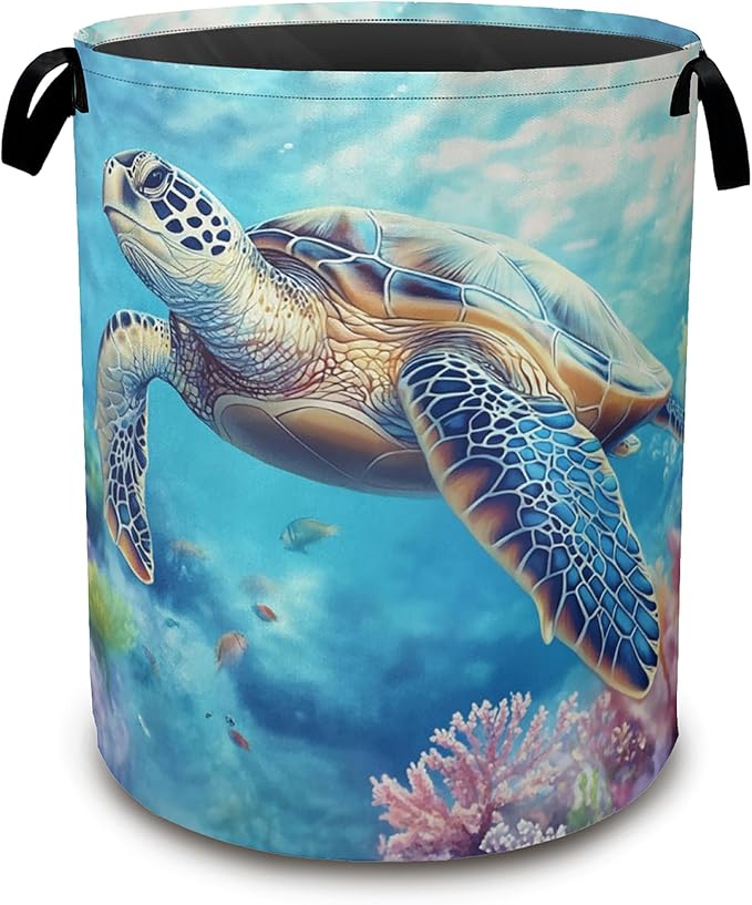 Sea Turtle Laundry Hamper,Collapsible Laundry Baskets,Colorful Coral Dirty Clothes Baskets with Handles,Oxford Cloth Hamper for Bedroom,Bathroom,College Dorms, 16"x20"