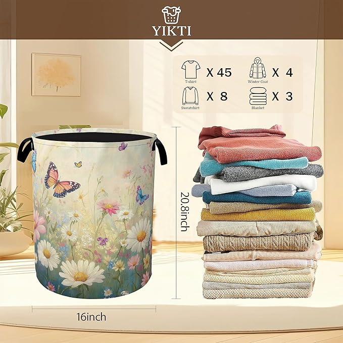 Spring Flowers Laundry Hamper,Watercolor Garden Wildflower Butterfly Collapsible Laundry Baskets,Waterproof Oxford Cloth Laundry Room Organization for Bedroom,Bathroom,Nursery,16x20 Inch