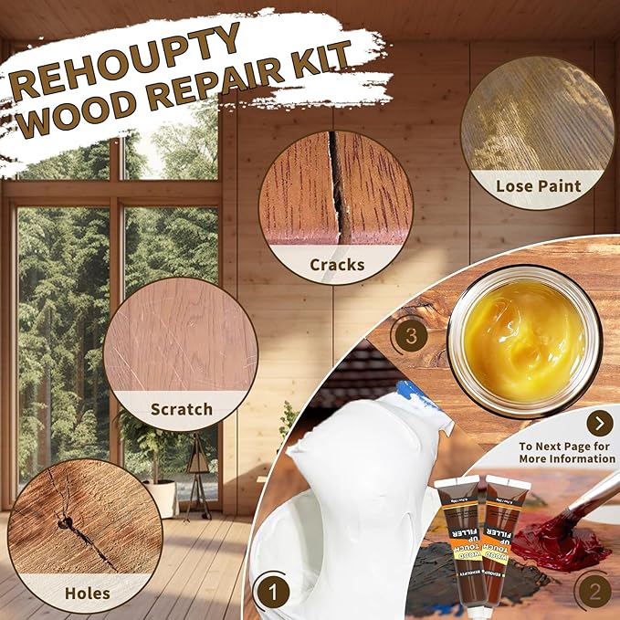 REHOUPTY Wood Furniture Repair Kit, All-in-One Large Capacity Floor Repair Kit Include Wood Putty & 12 Colors Wood Touch Up Filler and Beeswax, Vinyl Floor Repair Kit for Scratch, Cracks, Stain, Holes