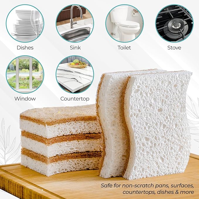 Purely Calm Plant Based Natural Sponge - Pack of 12 Cellulose Sponges, Safe on Non-Stick Cookware, Dual Sided Dish Sponge for Washing Dishes, Kitchen and Household