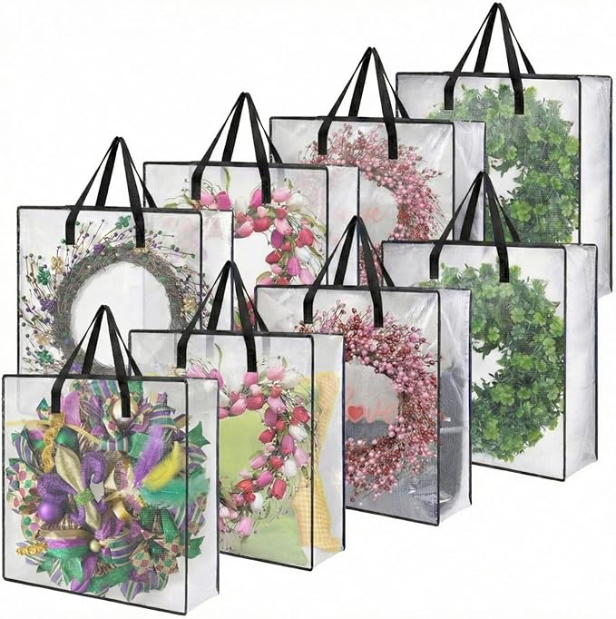 8 Pcs Clear Wreath Storage Bags 26 Inch Christmas Decoration Garland Container Door Garland Holiday Wreath Storage Holder with Handle and Zipper Heavy Duty Plastic Packing Totes(Black)