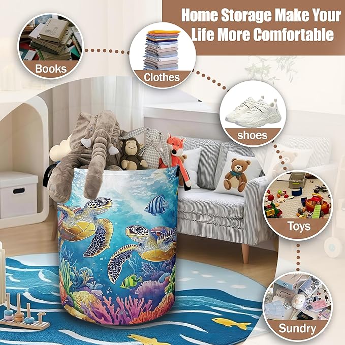 Sea Turtle Laundry Basket,Tropical Coral Fish Laundry Hamper Waterproof Oxford Cloth Tote Collapsible,Clothes Storage Bucket Decorative Toy Organizer For Bathroom Bedroom 16" x 20.8"