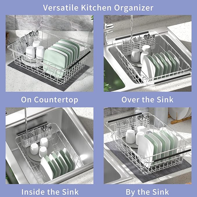 JAQ Dish Drainer in Sink Adjustable 14.96" to 22.44", Expandable 304 Stainless Steel Metal Dish Drying Rack Organizer with Stainless Steel Utensil Holder Over Inside Sink Counter
