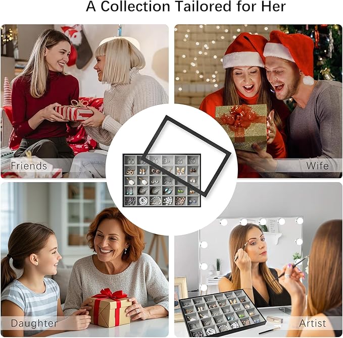 Wudygirl Jewelry Organizer 30 Grid Jewelry Tray with Lid Earring Holder Organizer for Women Ring Earring Bracelet Holder Storage (Pu Black Gray)