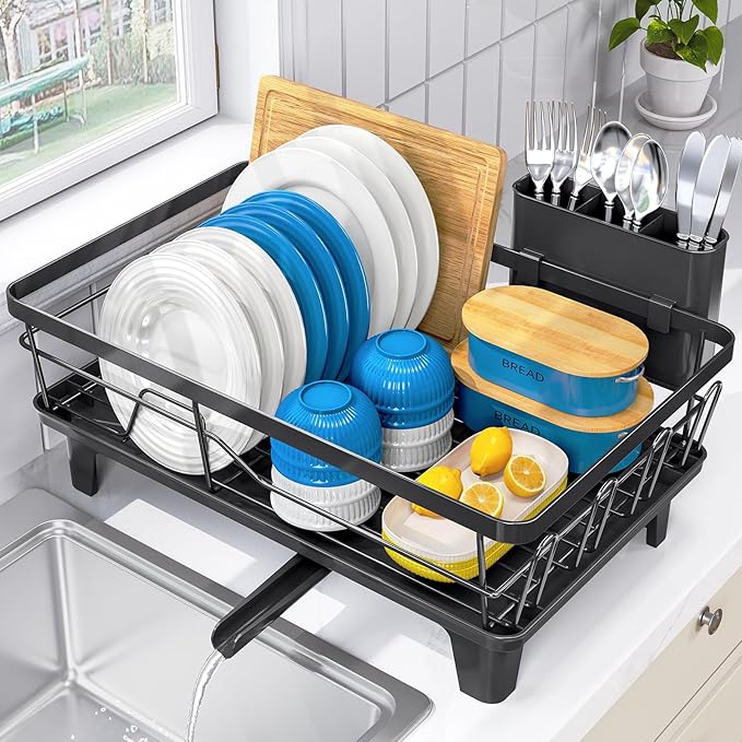 Urackify Dish Drainers for Kitchen Counter - Large Capacity Dish Drying Rack with Drainboard, Rustproof & Sturdy Design, Black Dish Rack Perfect for Plates, Cups & Kitchen Countertop Organization