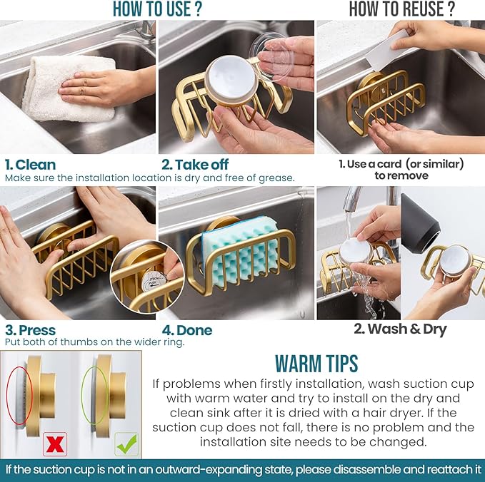 TAILI Sponge Holder for Kitchen Sink with Strong Suction Cup, Rustproof Aluminum Sink Caddy for Sponges, Removable Sponge Holder, Dish Brush for Scraper - Gold