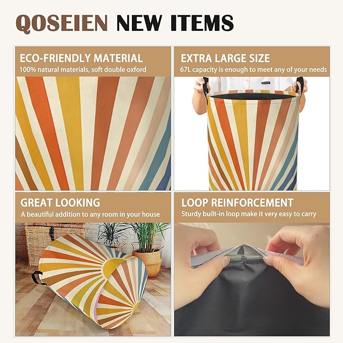 Colorful Boho Laundry Basket,Sunrise Rainbow Collapsible Laundry Baskets with Handles,Waterproof Oxford Cloth Storage Basket 16"x20" for Bathroom/Bedroom/Dormitories