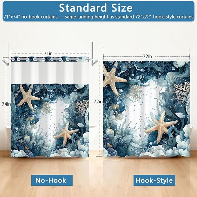 No Hook Spa-Like Ocean Shower Curtain, Blue Shower Curtains for Bathroom with Snap in Weighted Shower Curtain Liner and See Through Window, Starfish Nautical Bathroom Decor, 71x74 Inches