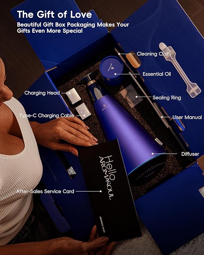 Waterless Scent Diffuser Starter Kit - 1500 Sq Ft Coverage, Alloy Atomization System,Mood Light,Smart Rechargeable Hotel Scent Diffuser, Including 120ml Essential Oil, for Home,Large Room,Spa,Blurple
