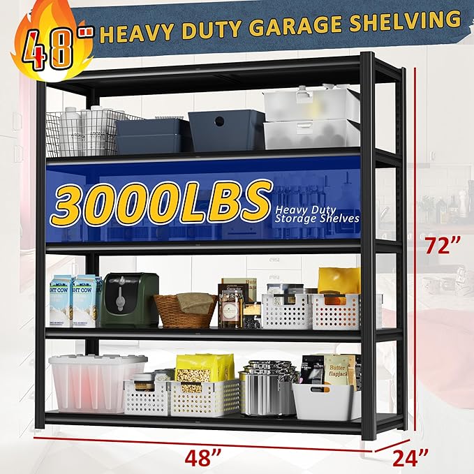 VDEVY 48" W Garage Shelving Heavy Duty 3030Lbs Storage Shelf 5 Tier Adjustable Shelving Units Metal Garage Storage Shelves for Basement, Commercial, Warehouse, Industrial, 72" H x 48" W x 24" D,