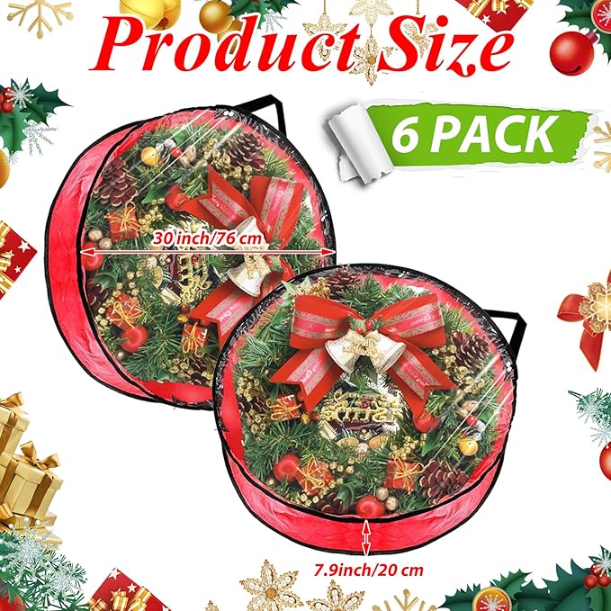 6 Pack Wreath Storage Container Bag 30 Inch Christmas Wreath Storage Bag Heavy Duty Christmas Wreath Boxes with Clear Window for Xmas Holiday Seasonal Wreath Garland(Red)