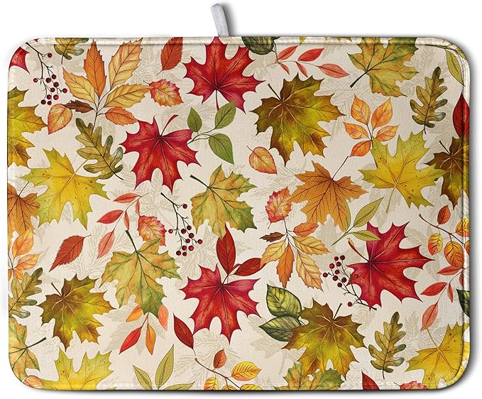 Wnoesat Fall Maple Leaves Dish Drying Mat for Kitchen Counter 18 x 24 Inch Autumn Thanksgiving Absorbent Reversible Microfiber Dish Draining Mat Washable Dish Drainer Rack Mat for Coffee Bar