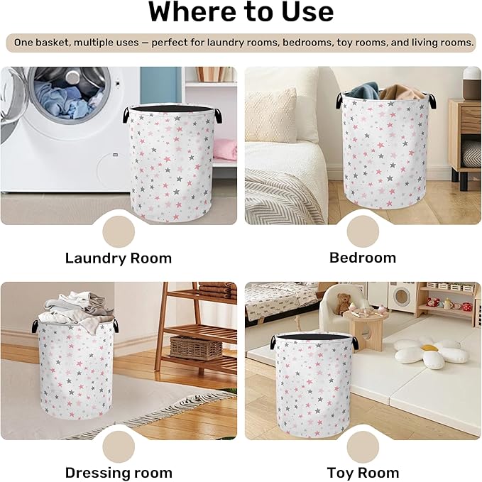 Cute Pink Stars Foldable Canvas Laundry Basket with Handles - Toy Organizer, Heavy Duty for Home，Bedroom, Dorm, Bathroom
