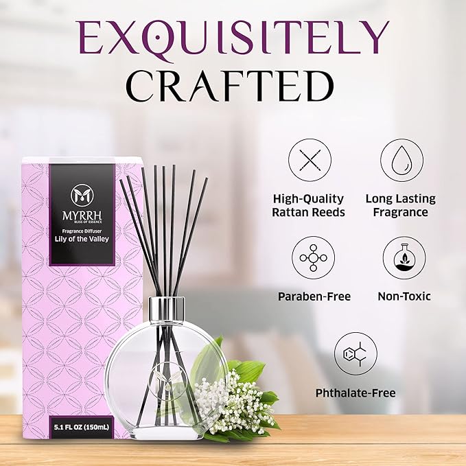 Lily of The Valley Scented Reed Diffuser Set with 8 Rattan Diffuser Sticks, 150 ml, All Natural Air Freshener, Long-Lasting Diffusers at Home - MyrrhUSA