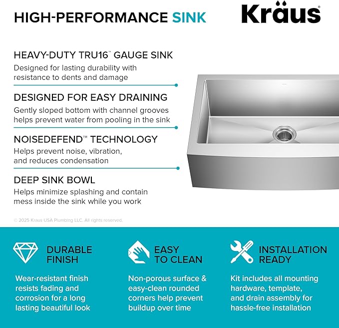Kraus KHF200-33 Standart PRO Stainless Steel Sink 33 inch Farmhouse Apron Single Bowl 16 gauge