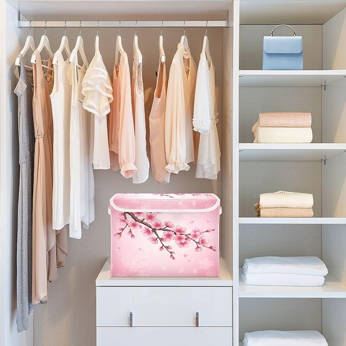 Bolaz Spring Cherry Blossom Background Storage Bins with Lids and Handles, Foldable Storage Box Storage Basket with Cover Collapsible Organizer Containers for Home Closet, Shelves