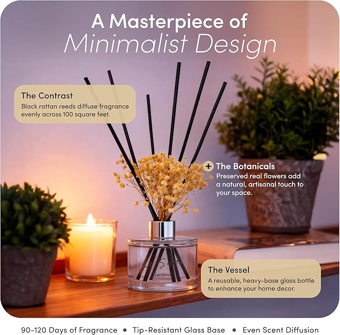 Reed Diffuser Set (6.7fl oz), Natural Gardenia Essential Oil Fragrance with Glass Bottle, Black Rattan Sticks & Preserved Flowers, Up to 120 Days Lasting Fragrance for Home & Office