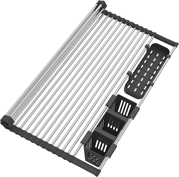 Extra Large Black Expandable Roll Up Dish Drying Rack Up to 22.8''with 2 Storage Baskets,Over The Sink Kitchen Rolling up Dish Drainer Dish Drying Rack in Sink, Foldable,Rollable,for Kitchen Dishes