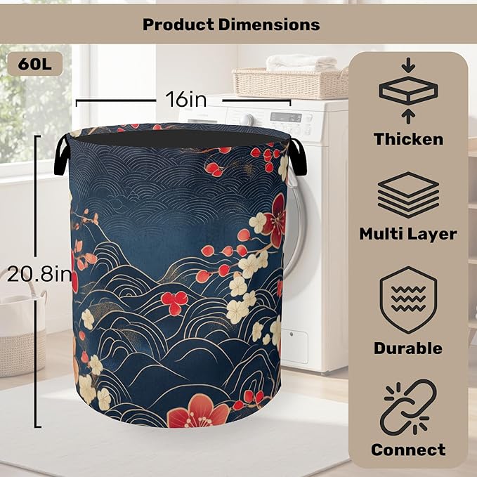 Japanese Cherry Blossom Laundry Basket, Blue Large Clothes Hamper Bag with Handles, Space Saving Foldable Design for Nursery