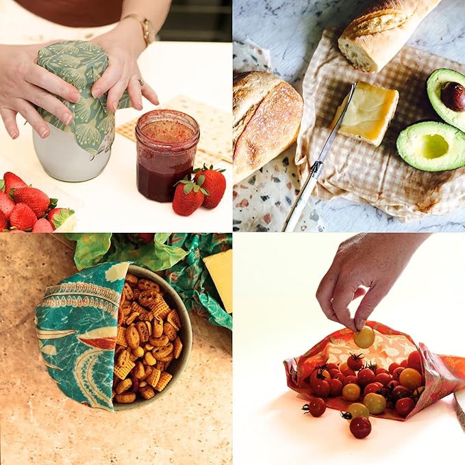 Honeybee Wrap Beeswax Wraps for Food - The Kitchen Collection - Organic Cotton Beeswax Wrap - Reusable Beeswax Food Wrap - Plastic Wrap/Sandwich Bags Alternative - 4 Pack, S, M, L & XL