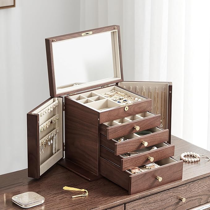 CHOSIN Black Walnut Wooden Jewelry Box for Women with Mirror, 5 Drawers and 2 Side Doors for Watches, Necklaces, Rings, Earrings Storage Valentine's Day Gift