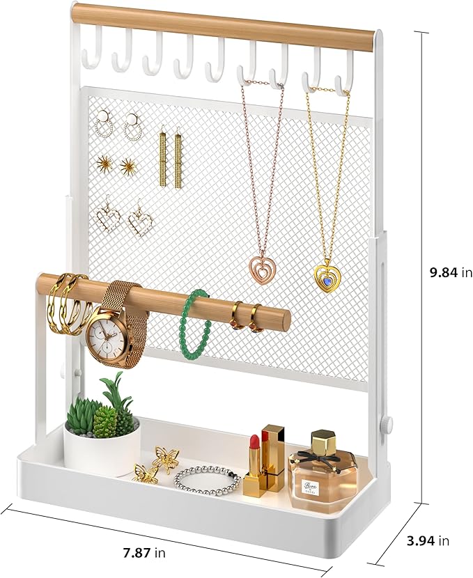 IOAIANIA Jewelry Organizer Stand, Liftable Necklace Holder with Earring Organizer Net, 9 Hooks Necklaces Storage Wooden Handing Bar for Bracelets Watches Rings (White)
