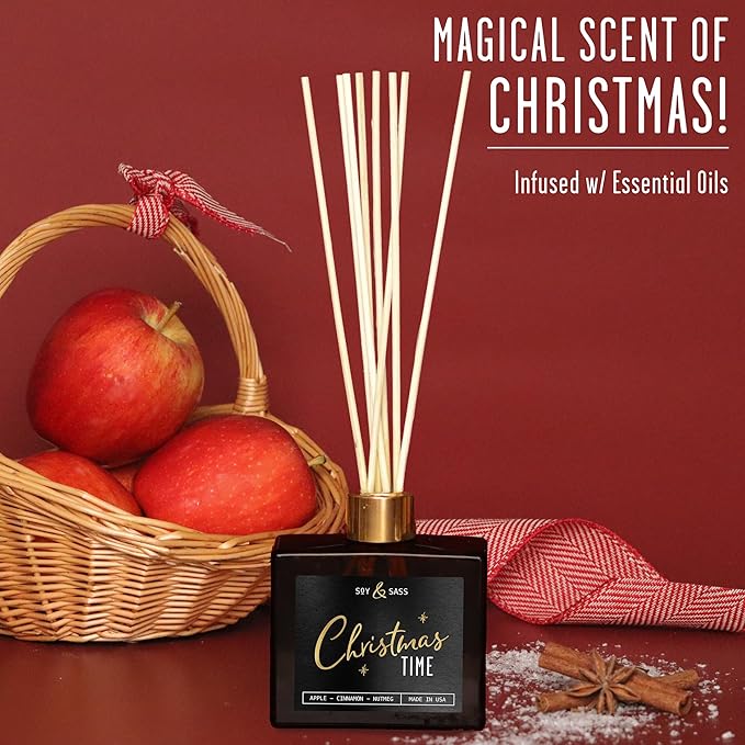 Christmas Diffuser, Christmas Reed Diffuser Decor - w/Apple, Cinnamon & Clove I Infused w/Essential Oils I 3.75 OZ Oil I Long-Lasting Scent Lasts 4-6 Month's I Made in The USA