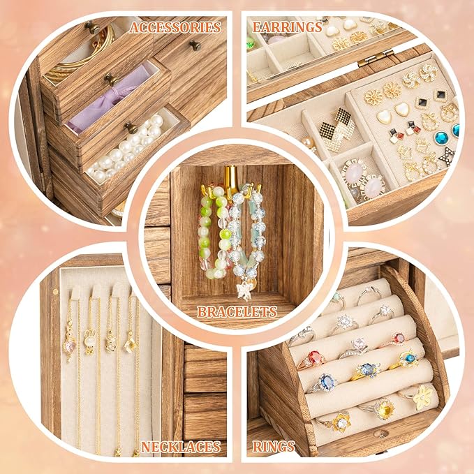 Jewelry Box Organizer, Farmhouse Wooden Jewelry Boxes for Women Girls, 6 Layer Jewelry Case Storage with Bracelet Holder Display Hooks for Necklaces Earrings Rings Bracelets (Carbonized Brown)