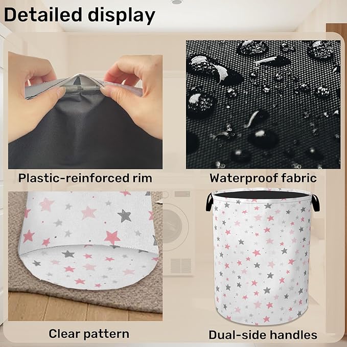 Cute Pink Stars Foldable Canvas Laundry Basket with Handles - Toy Organizer, Heavy Duty for Home，Bedroom, Dorm, Bathroom