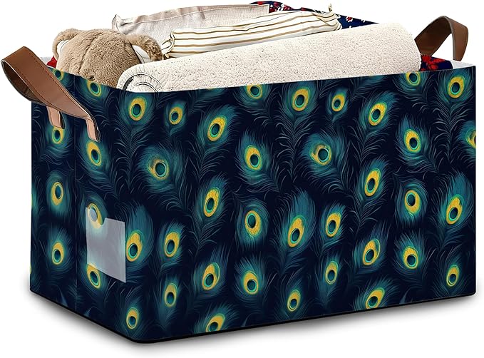 Retro Peacock Storage Basket with Handles,Collapsible Rectangle Organizer Bin for Room Decoration Books Box Baskets 17x11.5x10Inch