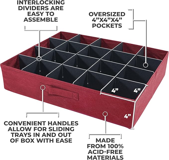 612 Vermont Christmas Ornament Storage Box with 3 Trays, Adjustable Acid-Free Dividers, Holds 60-4 Inch Ornaments