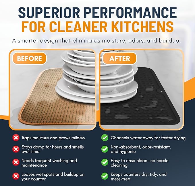 Silicone Dish Drying Mat for Kitchen Counter - Multi-Use 18 x 16 Inch Pad, Non-Slip & Heat-Resistant, Perfect Dish Drainer Mat by Linda’s Essentials, Ideal Kitchen Accessory (Black)