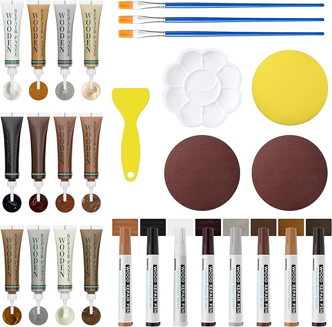 XCZNAGS Wood Repair Kit: 12-Color Wood Filler and 8-Color Furniture Markers Touch Up for Scratches/Holes/Stains/Cracks in Floors/Table/Cabinets(Laminate/Hardwood)