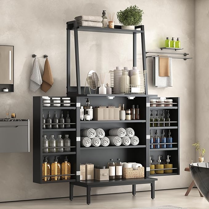 Semoic 51" Pantry Cabinet, Kitchen Storage Cabinet with Storage Shelves, Modern Kitchen Hutch with Microwave Stand, Adjustable Shelves, Food Pantry Cabinet for Dining Room (Black)
