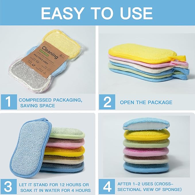 Kitchen Sponge,Dish Sponge,Scrub Sponges Cleaning Supplies,Sponges for Dishes Stainless Steel Wire to Remove Stubborn Stains,Durable Thickening 6-Pack
