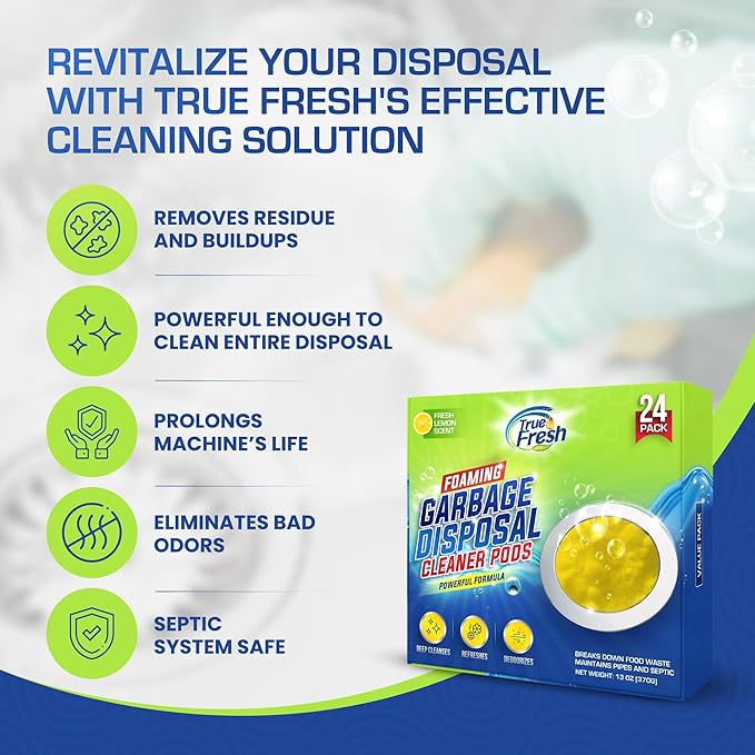 True Fresh Garbage Disposal Cleaner – 24-Pack Foaming Sink and Drain Deodorizer Tablets, Powerful Cleaning Solution for Odor Removal and Maintenance – Works with All Disposals