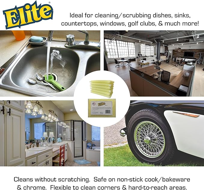 Elite PRO All Purpose Cleaning Pad, 6 Pack, Non Scratch, Dish Sponge, Scrubber, Made in USA. Large Thin Sponge for Kitchen and Household Use. Flexible to Clean Corners and Tight Spaces.
