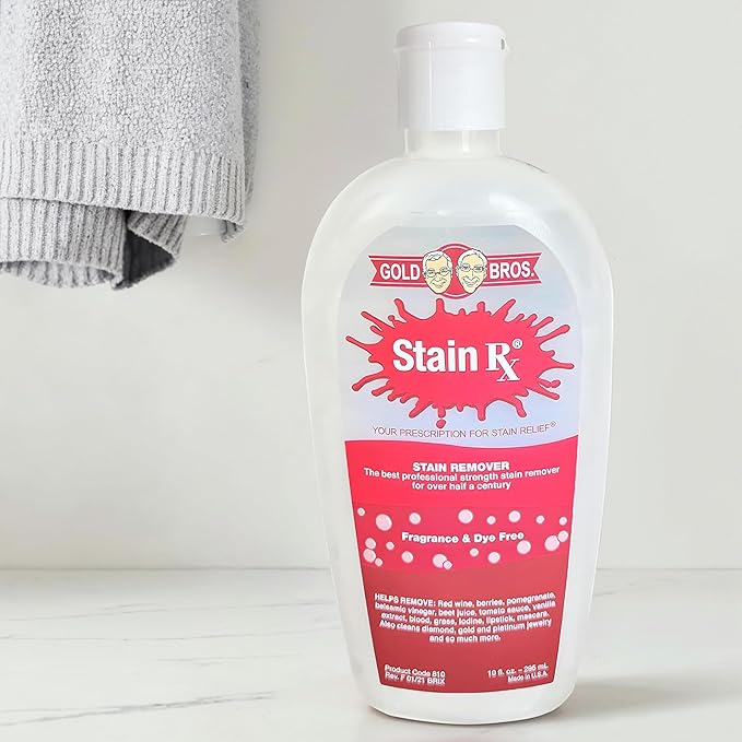 Stain Rx Stain Remover, Effectively Eliminates Stains from Wine, Berries & Blood on Fabrics, Carpets, Upholstery & Jewelry, Dye-Free, Free from Bleach, Peroxides & Phosphates, Made in USA, 10 oz