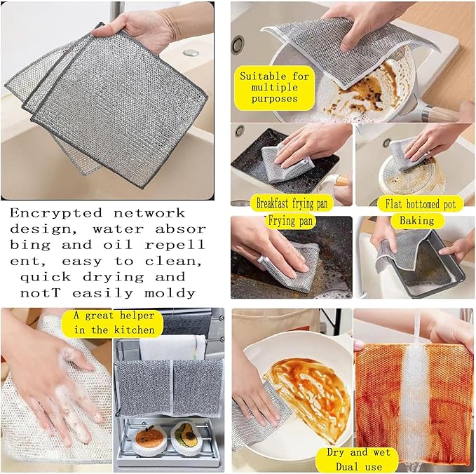 Double layer metal wire scratch free cloth, dry and wet dual-purpose metal wire dishwashing cloth, suitable for kitchen cleaning, cookware, tableware, sink, stove, etc., easy to rinse (10 pieces)