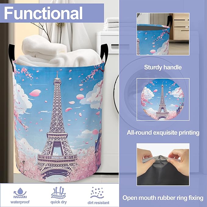 Romantic Eiffel Tower Laundry Basket, Cherry Blossoms Oxford Cloth Laundry Hamper With Handle Foldable Portable Clothes Storage Basket Storage Bag For Laundry Room/Bathroom/Bedroom/Dormitories
