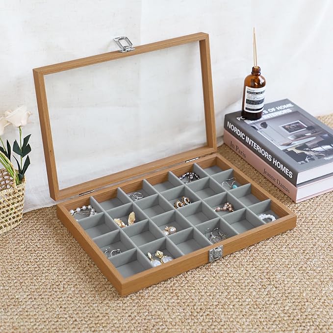 Wudygirl Jewelry Organizer Wood Jewelry Box Earring Holder Organizer Wooden Jewelry Tray with Clear Lid Vintage Jewelry Bracelet Display Ring Holder Adjustable Dividers (Gray 24 Grid)