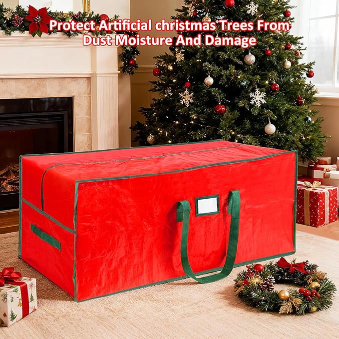 HABGP 9 ft Large Christmas Tree Storage, Stores 9 Foot Artificial Xmas Trees, Sturdy Plastic Waterproof Christmas Holiday Tree Bag For Storage Box with Strong Handles & Zipper, Red