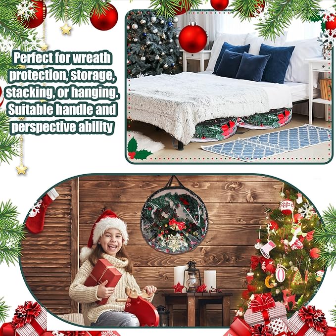Shappy 14 Pieces Christmas Wreath Storage Container 30 Inch Wreath Plastic Storage Bags with Dual Zippers and Handles for Xmas Thanksgiving Holiday Artificial (Clear,Black)