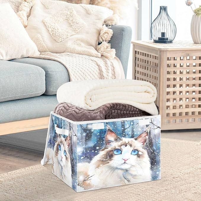 senya Winter Baskets Collapsible Storage Bins with Lids, Ragdoll Cat in The Snow Storage Boxes Clothes Baskets for Organizing