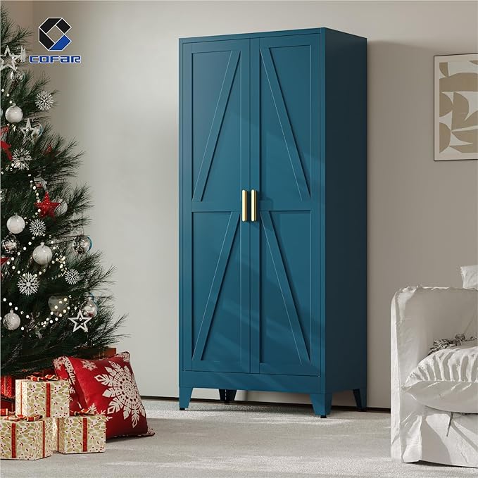 COFaR 71'' Tall Wardrobe Closet with Doors, Metal Bedroom Armoire with Adjustable Hanging Rod and Shelves, Farmhouse Broom Closet Storage Cabinet for Garage Laundry Office, Peacock Blue
