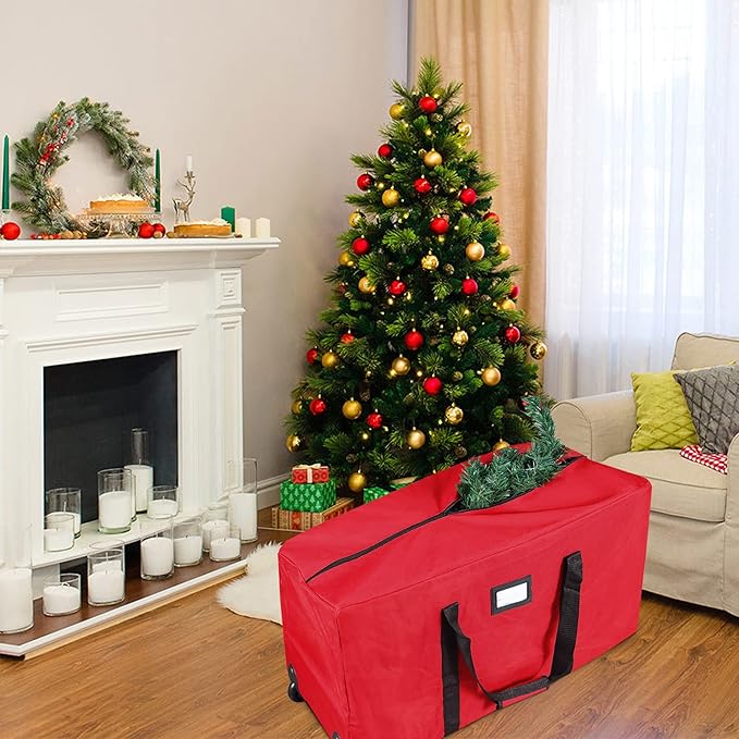 ProPik Holiday Rolling Tree Storage Bag | Fits Up to 6 ft. Tall Disassembled Christmas Tree | 22"x16"x 50" | Large Heavy Duty Xmas Storage Container with 2 Wheels & Handles | 600D Oxford (Red)