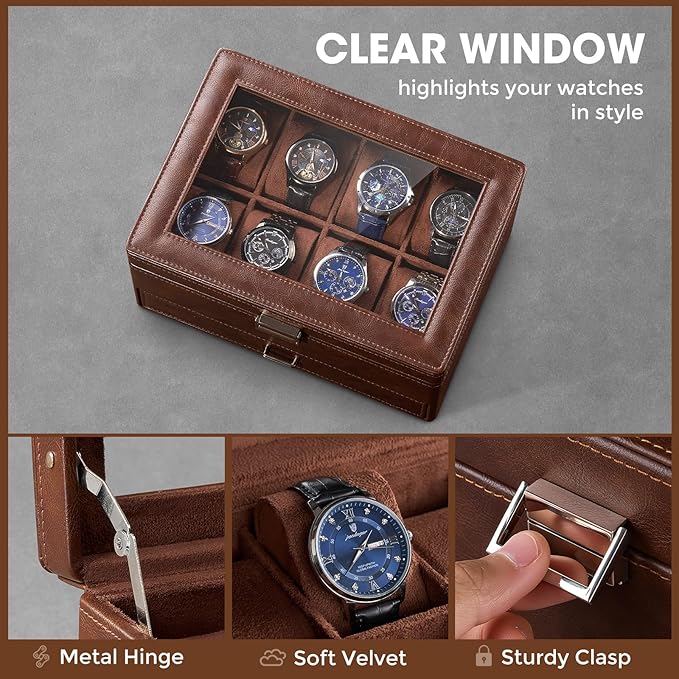 ProCase Watch Box for Men, Jewelry Organizer Box with Drawer, Display Storage Case with Glass Lid -Brown, 8 Slot