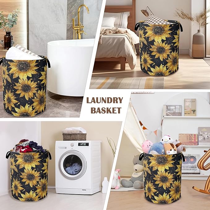 Laundry Basket,Sunflower Collapsible Laundry Baskets,Waterproof Oxford Hamper with Handles for Bathroom Bedroom Nursery Home Storage 16"x20"